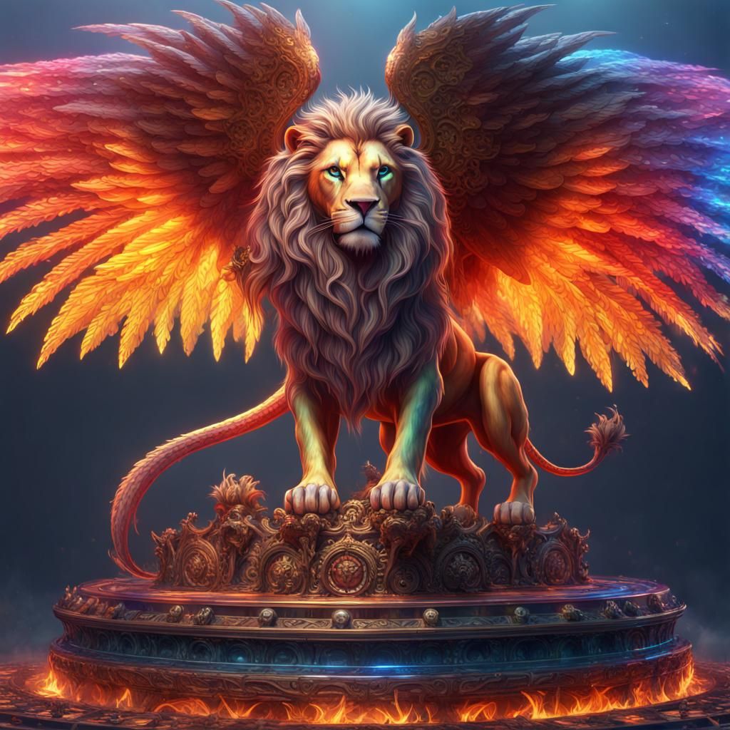 Rainbow Lion with Wings and Burning Wheels
