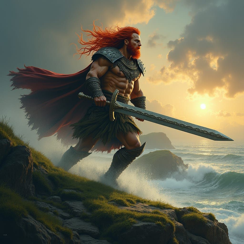 Cú Chulainn, Demigod Warrior in Dramatic Landscape