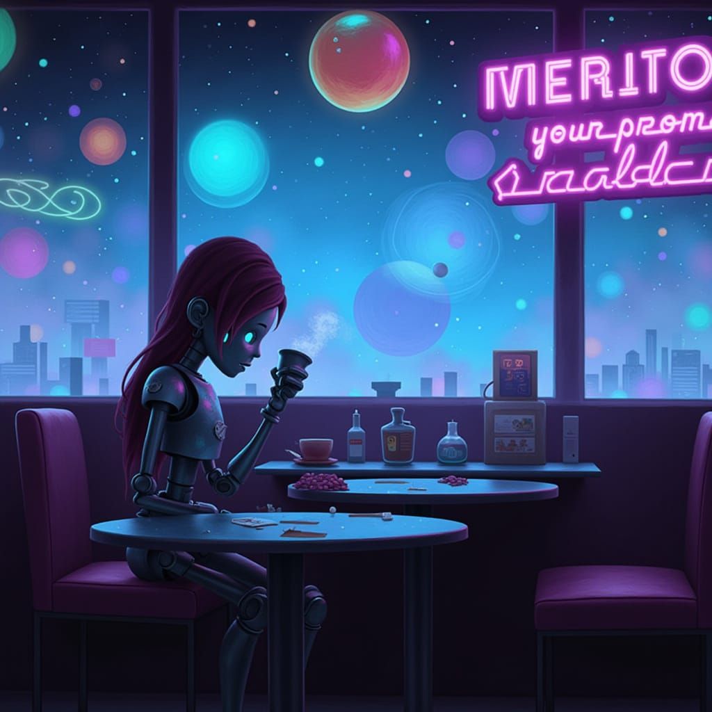 Cyberpunk Woman in Celestial Cafe