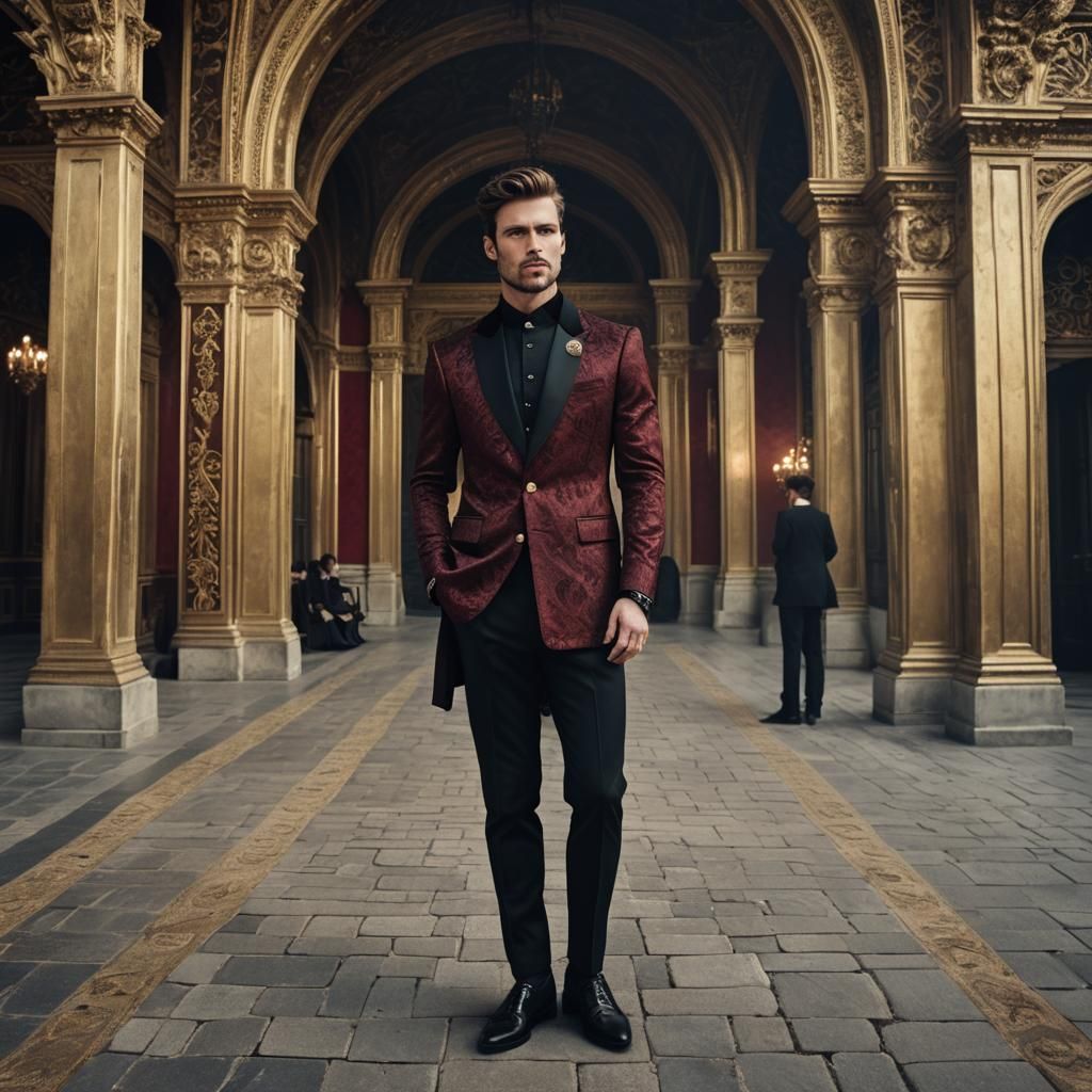 Royal Male in Red Outfit at Palace