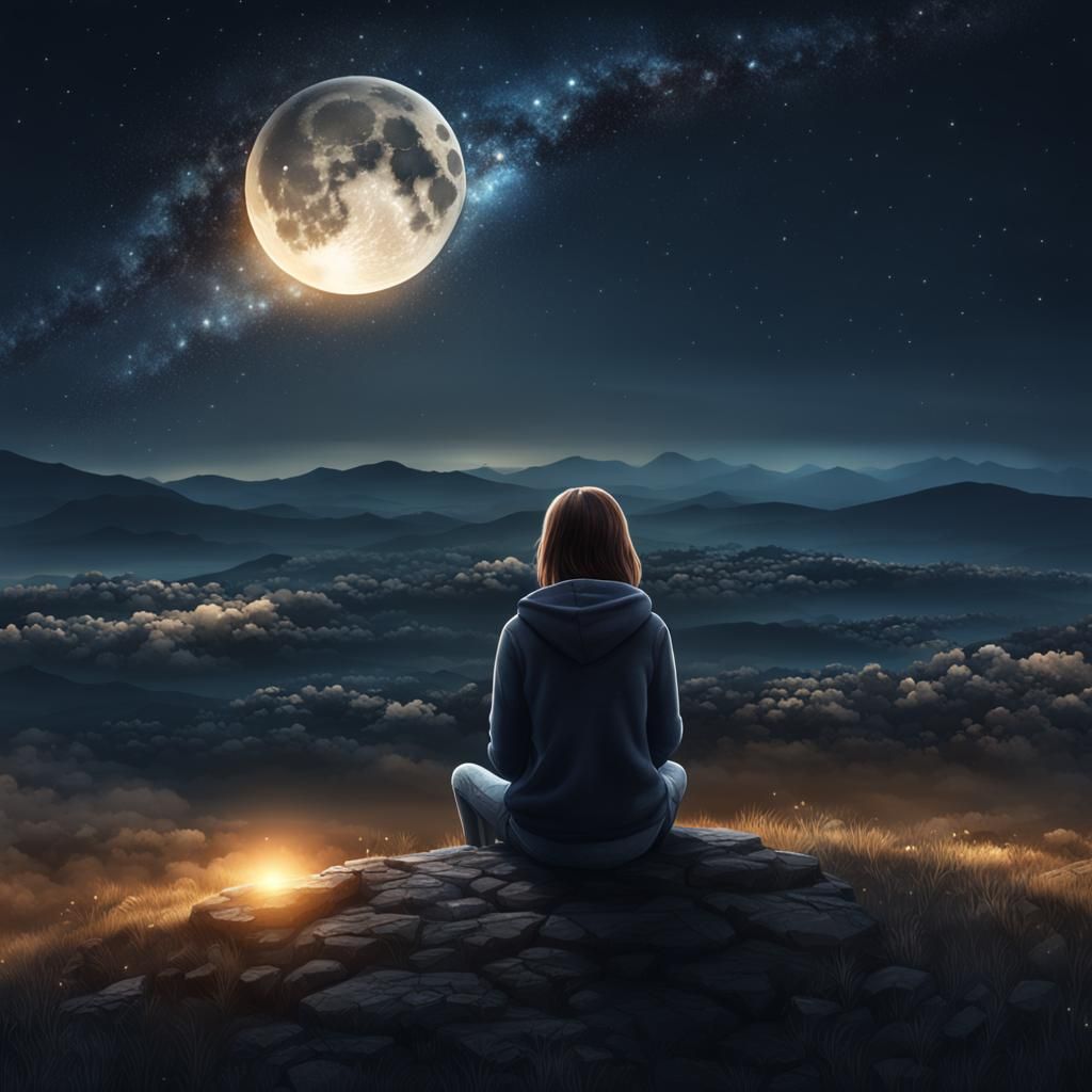 Girl Gazing at Exploding Moon in Night Sky