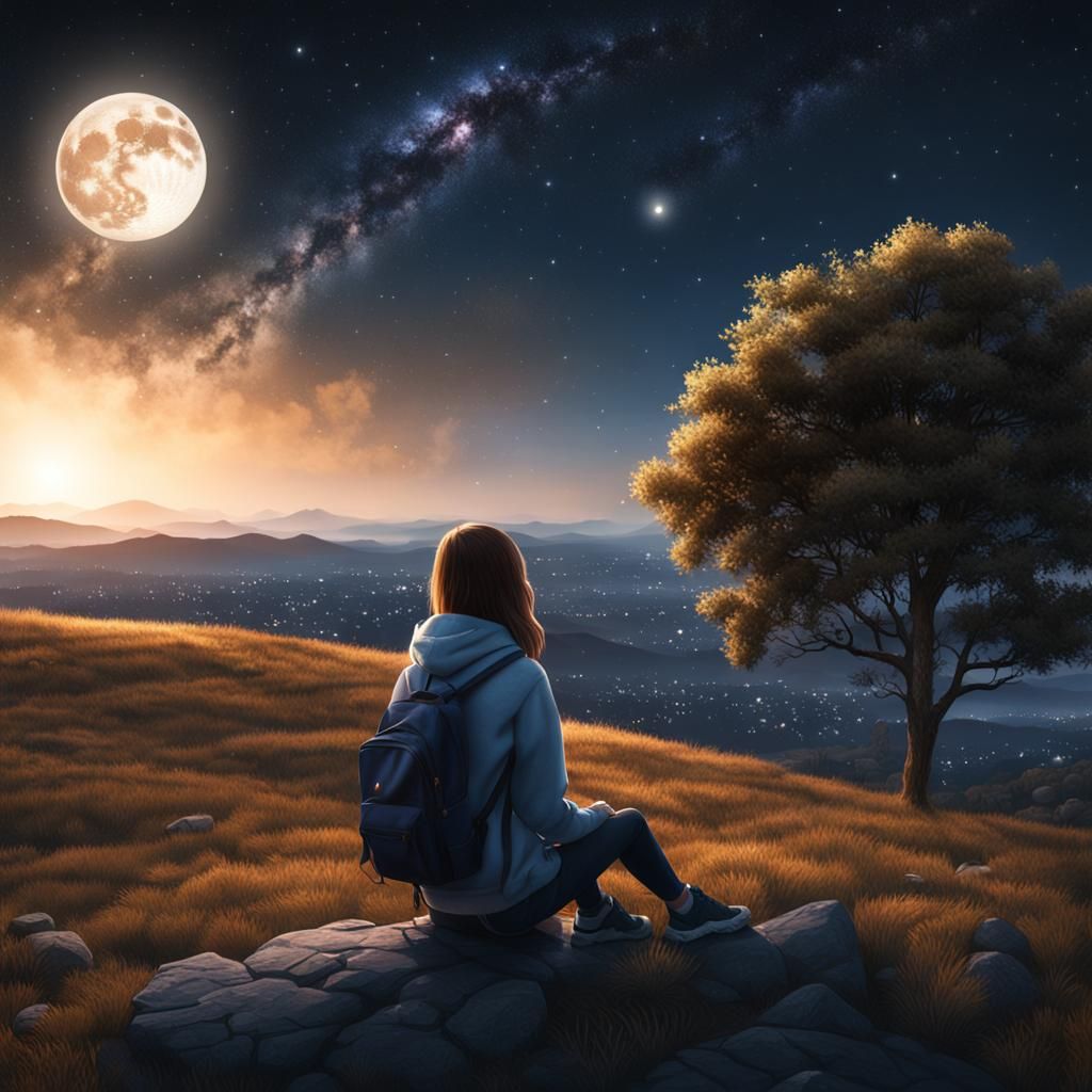 Girl Watches Exploding Moon: Photorealistic Nightscape