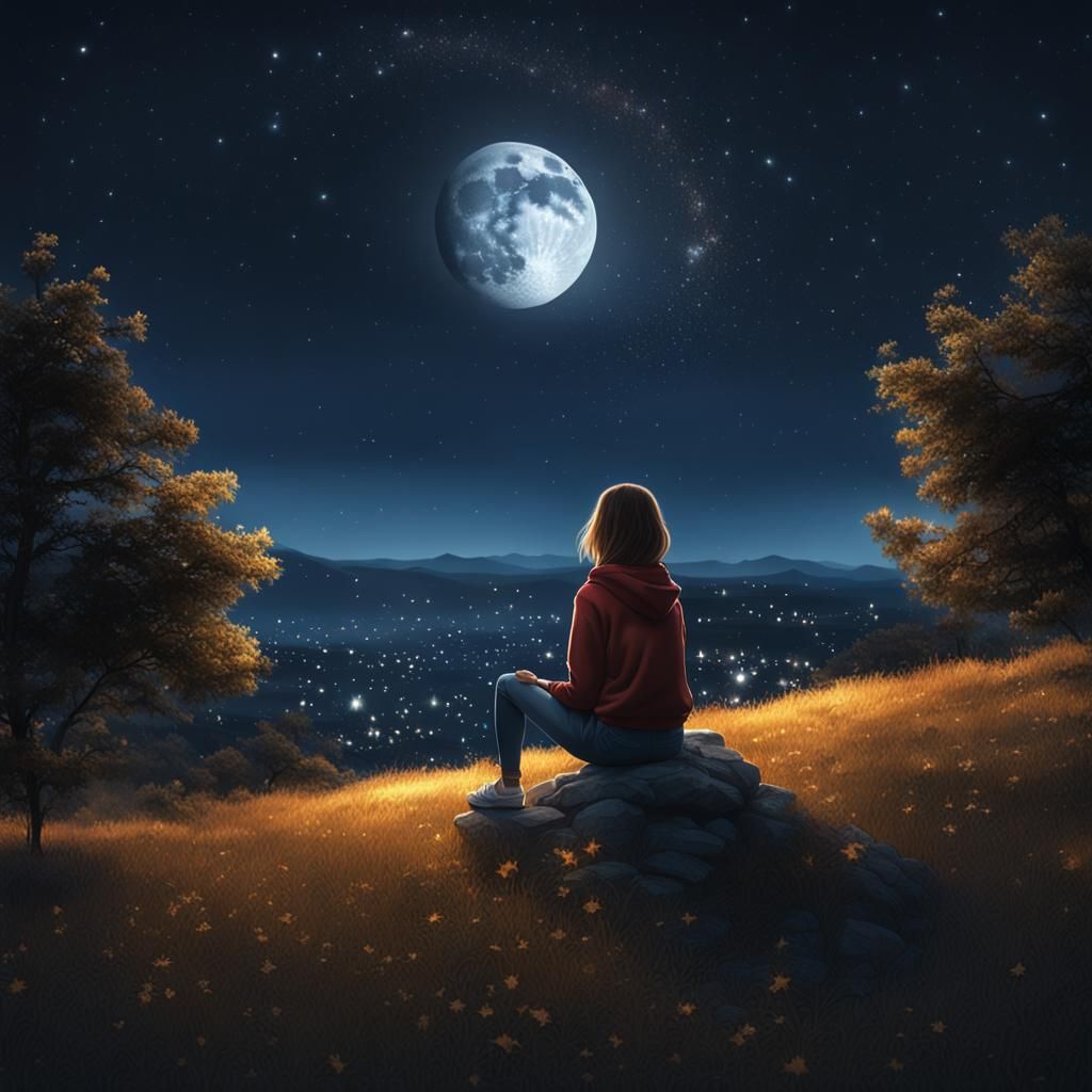 Girl Gazing at Exploding Moon in Photorealistic Style