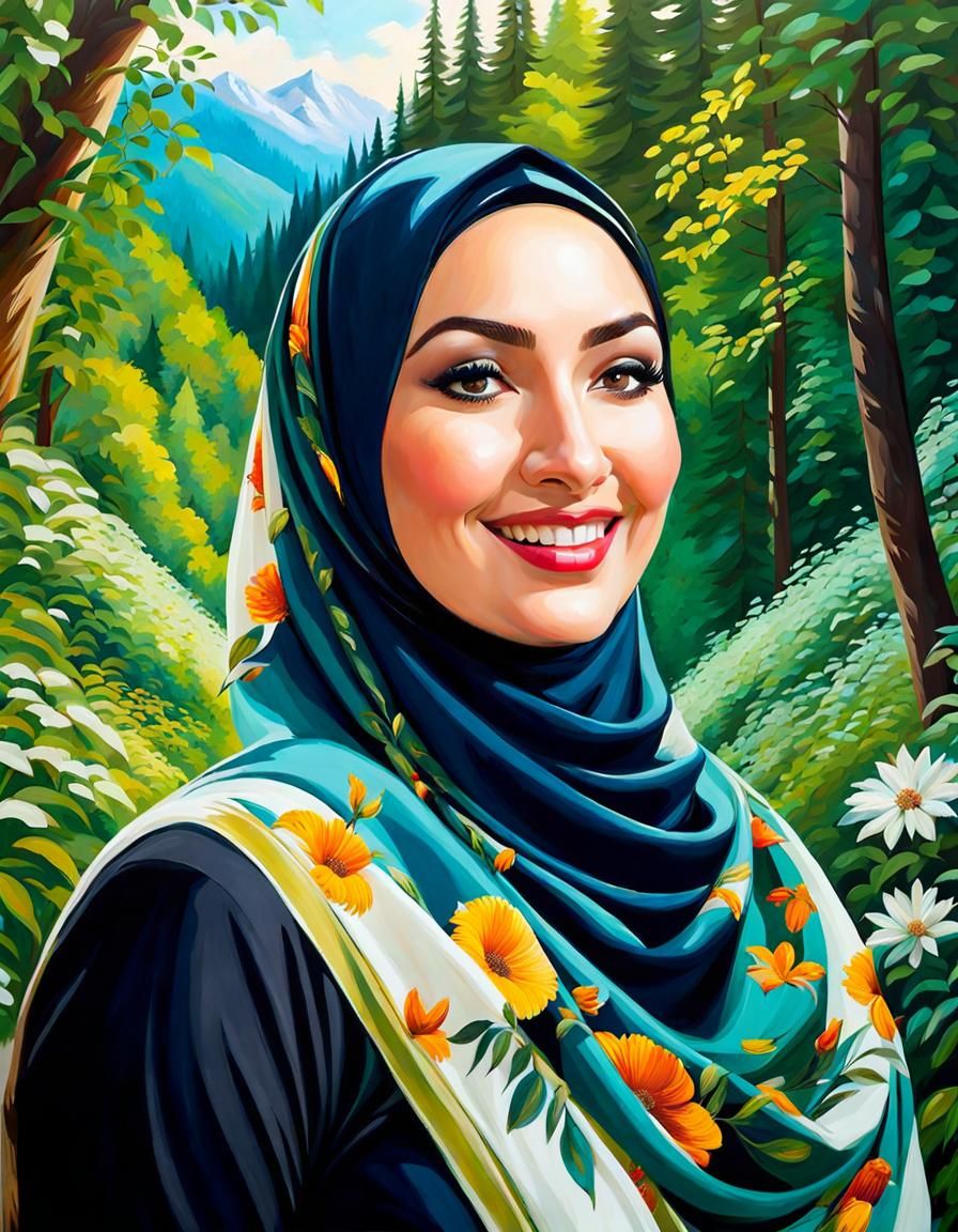 Elegant Hijabi Woman in Lush Forest, Oil Painting