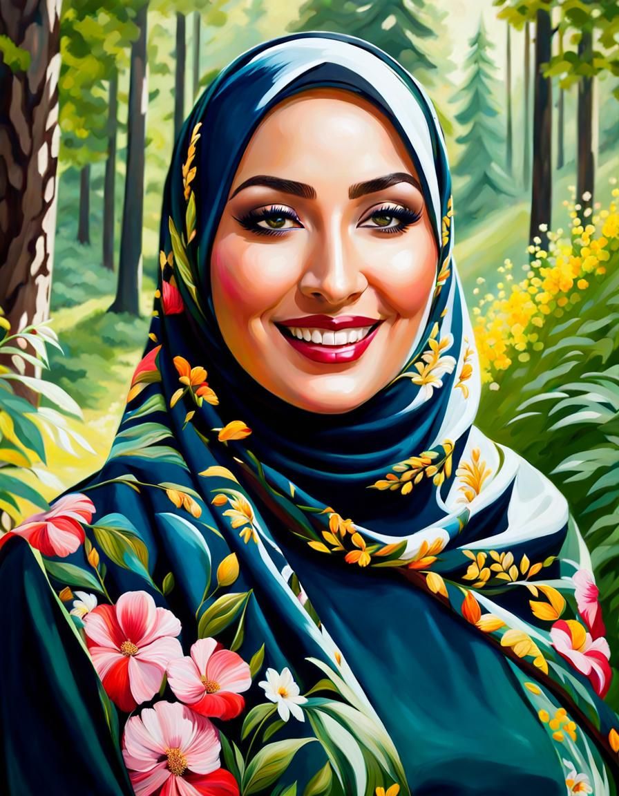 Elegant Woman in Forest, Oil Painting