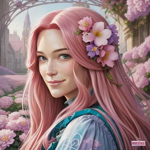 Pink-Haired Girl with Flowers in Comic Book Style