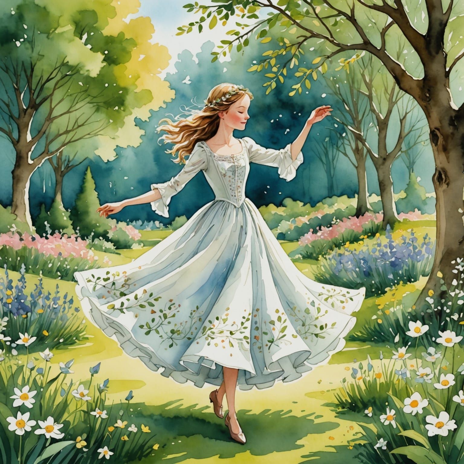 Girl Dancing in Spring Garden Watercolor