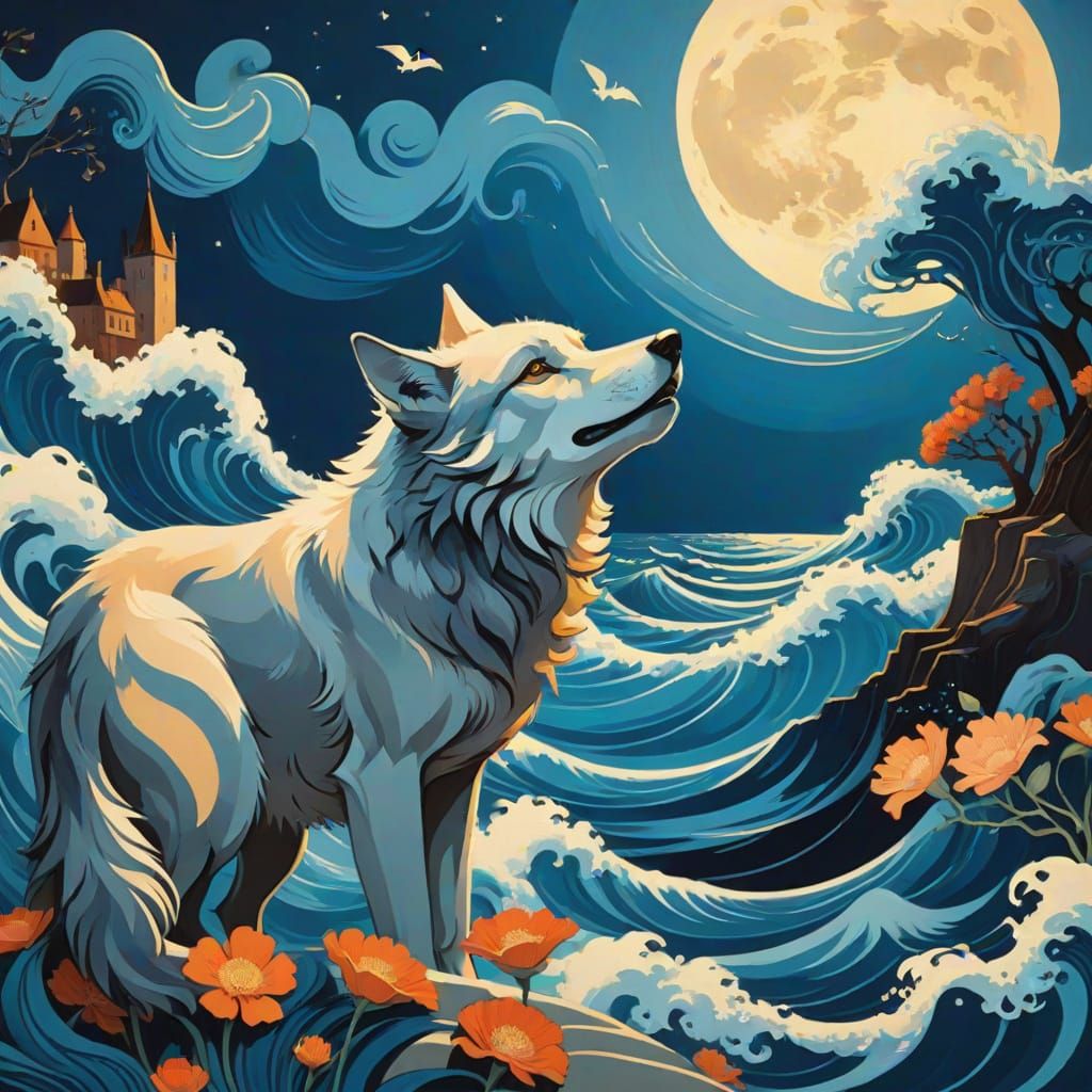 Lone Wolf Howling in Art Nouveau Ocean Dreamscape