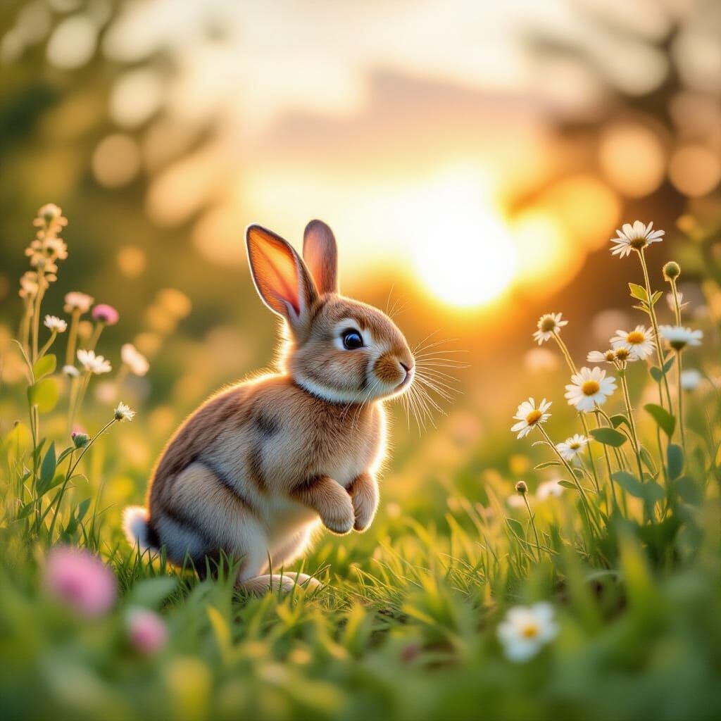 Realistic Rabbit Bounds Towards Sunset in Watercolor Garden