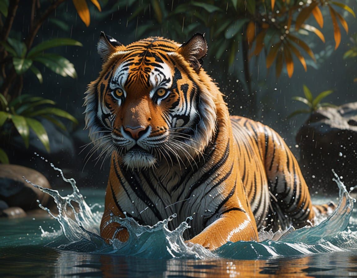 Hyper-Realistic Tiger Runs Through Water in Dark Indigo Back...