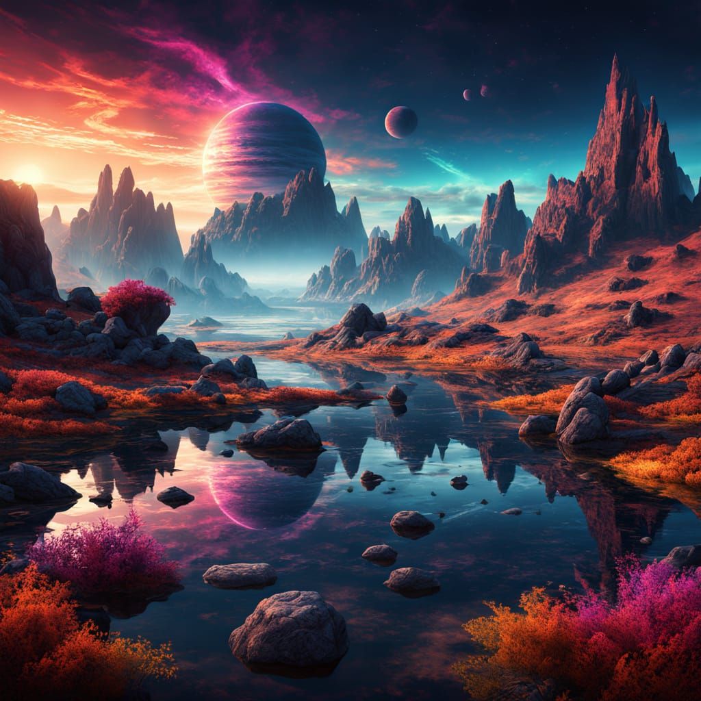Surreal Alien Planet Landscape with Floating Rocks