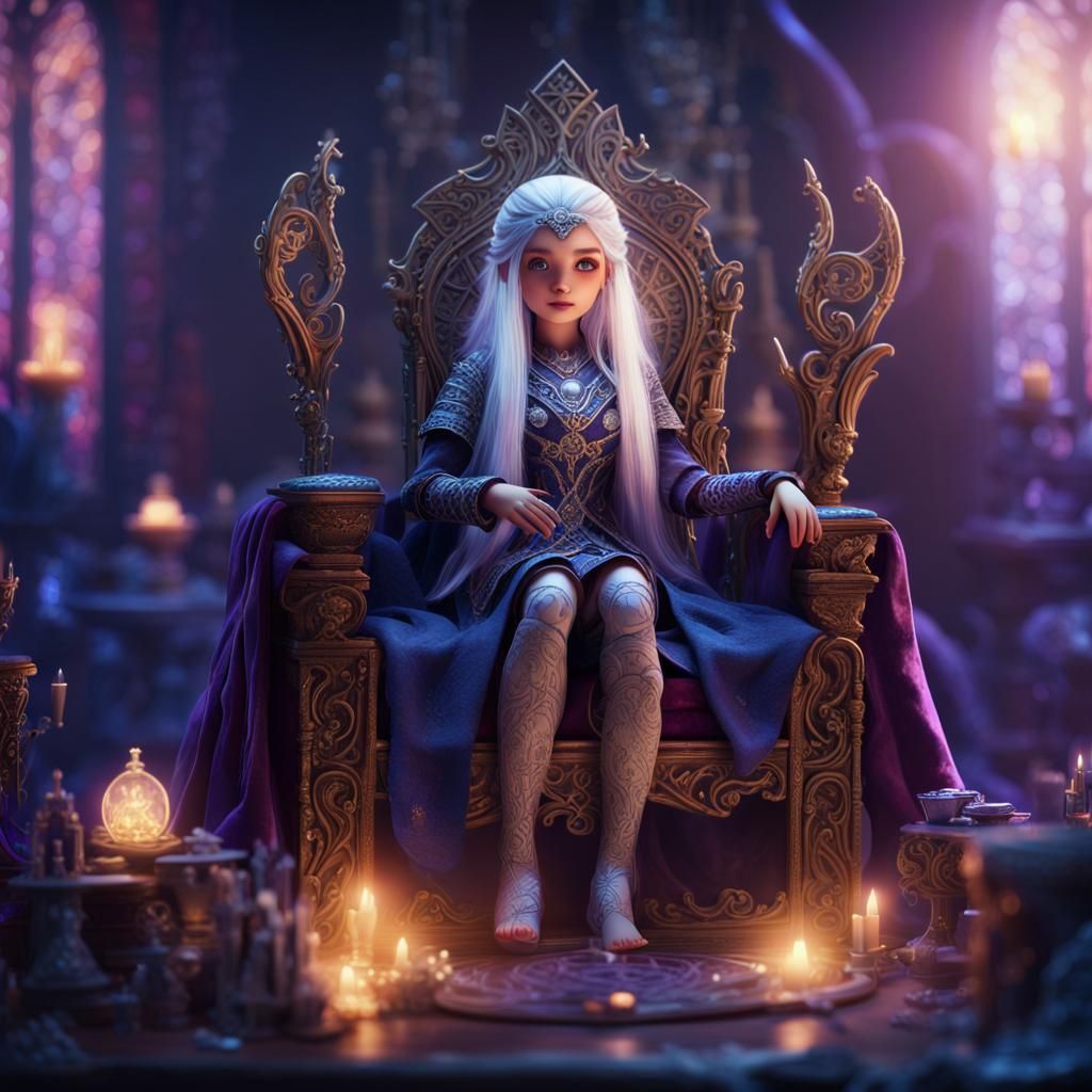 Fantasy Maiden Adorned in Glowing Runes on Velvet Throne