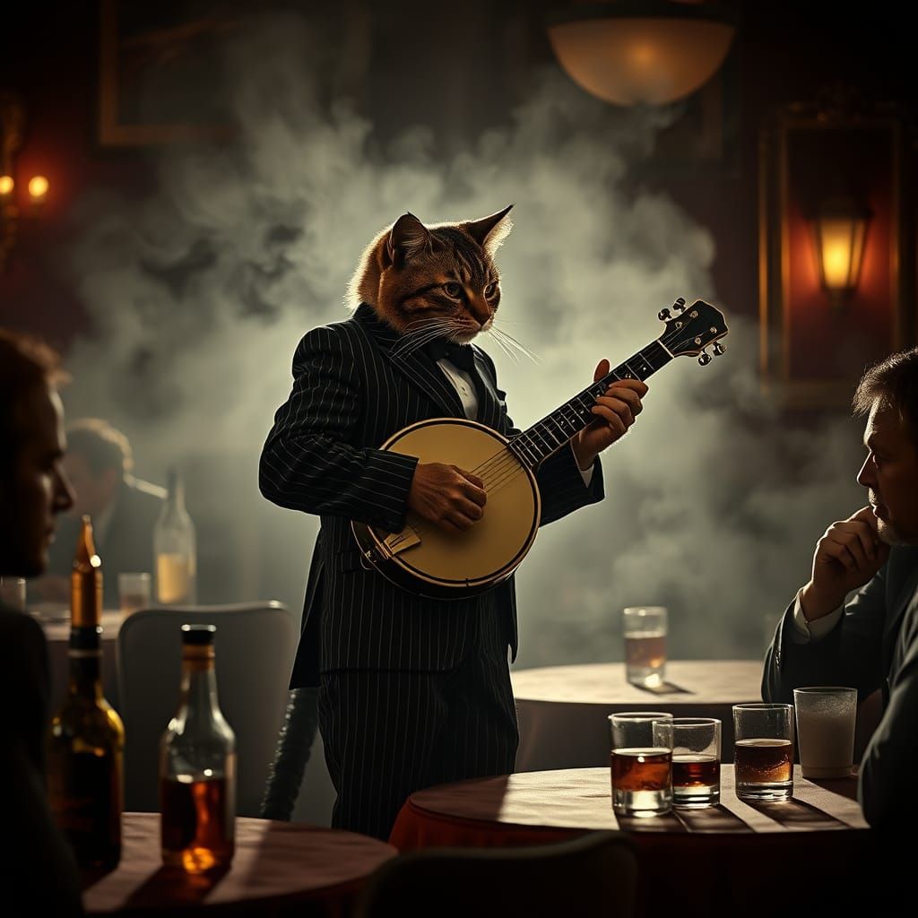 Noir Tabby Cat Strums Banjo in Speakeasy