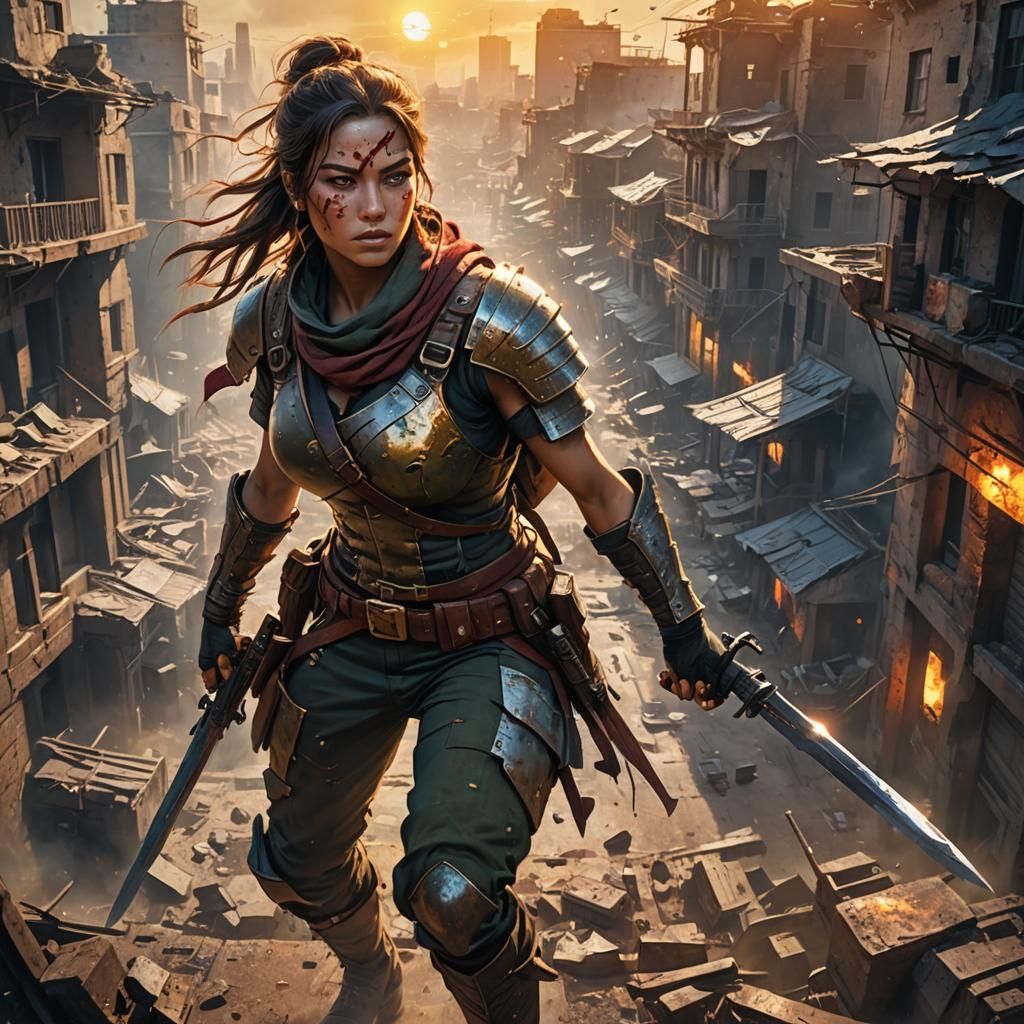 Female Warrior in Post-Apocalyptic Cityscape