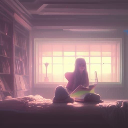 Girl Studying in Cozy Room with Neon Lighting