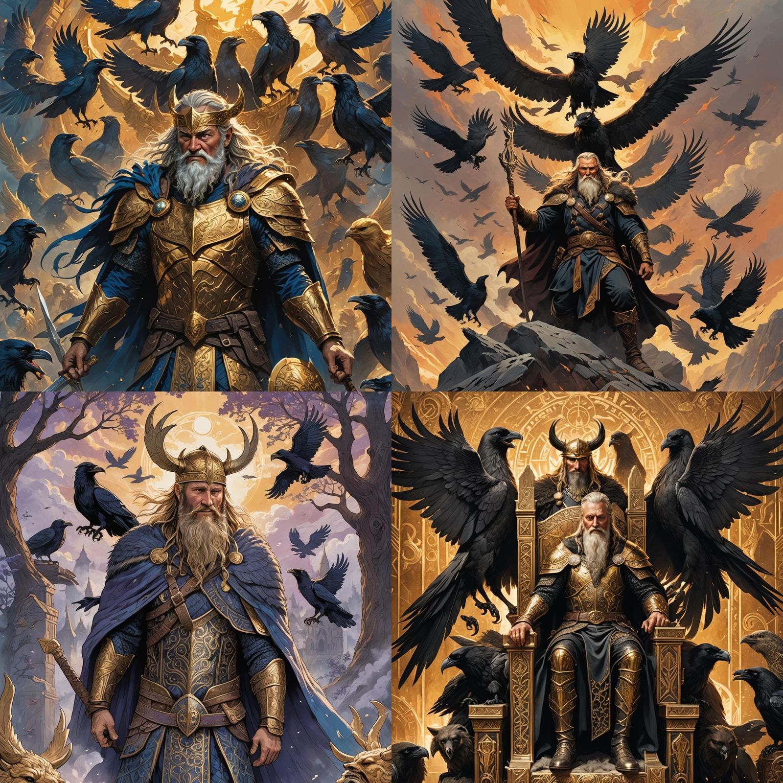 Odin Smiles in Valhalla with Flying Ravens