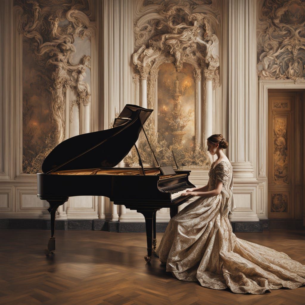 Grand Baroque Woman Plays Harpsichord in Ornate Hall