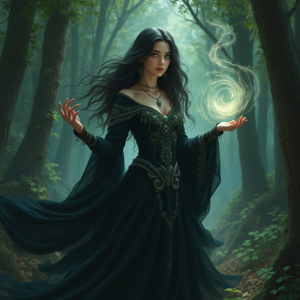 Mystical Young Witch Confronts Elemental Magic in Dark Fores...