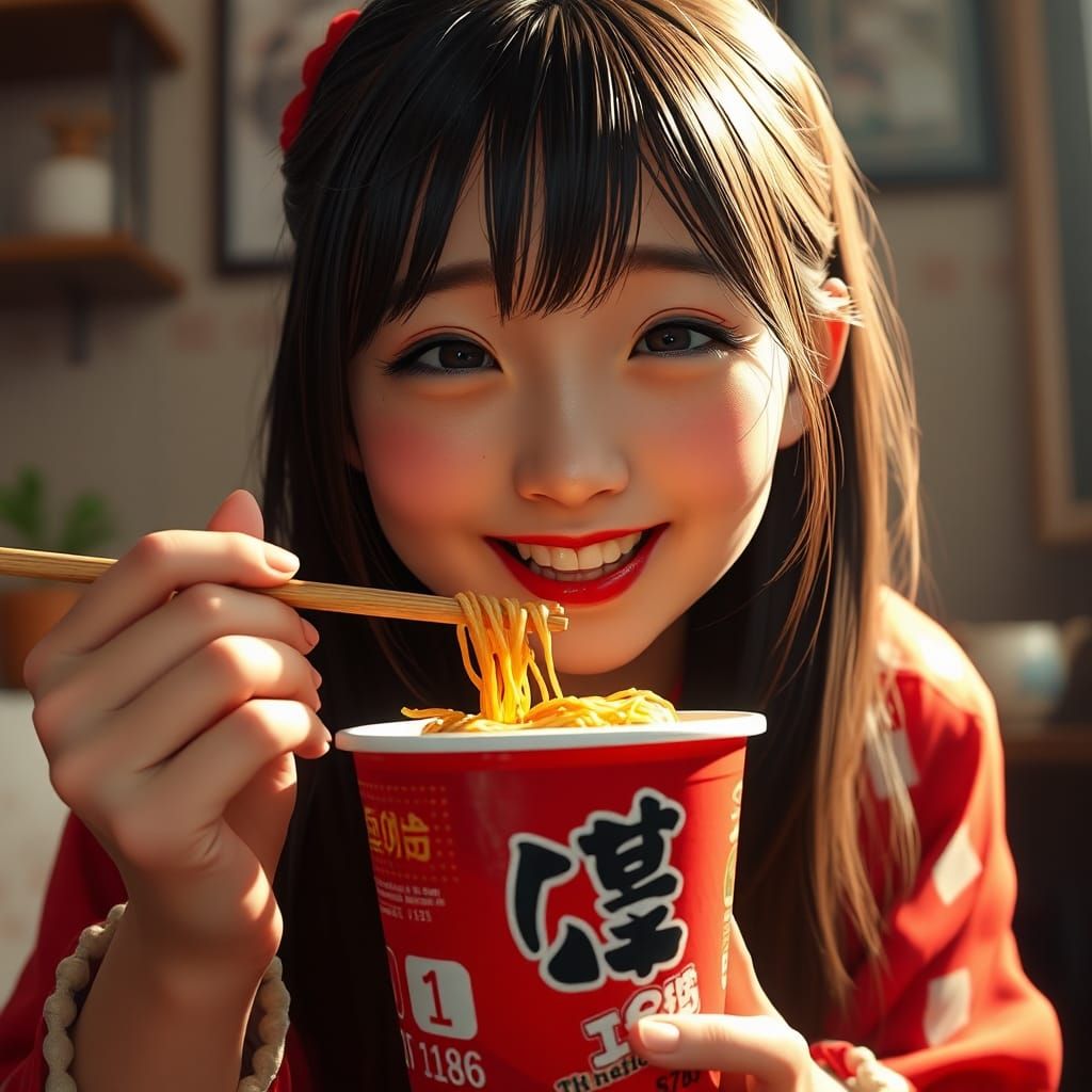 Japanese Girl Eats Spicy Noodles in Cozy Room