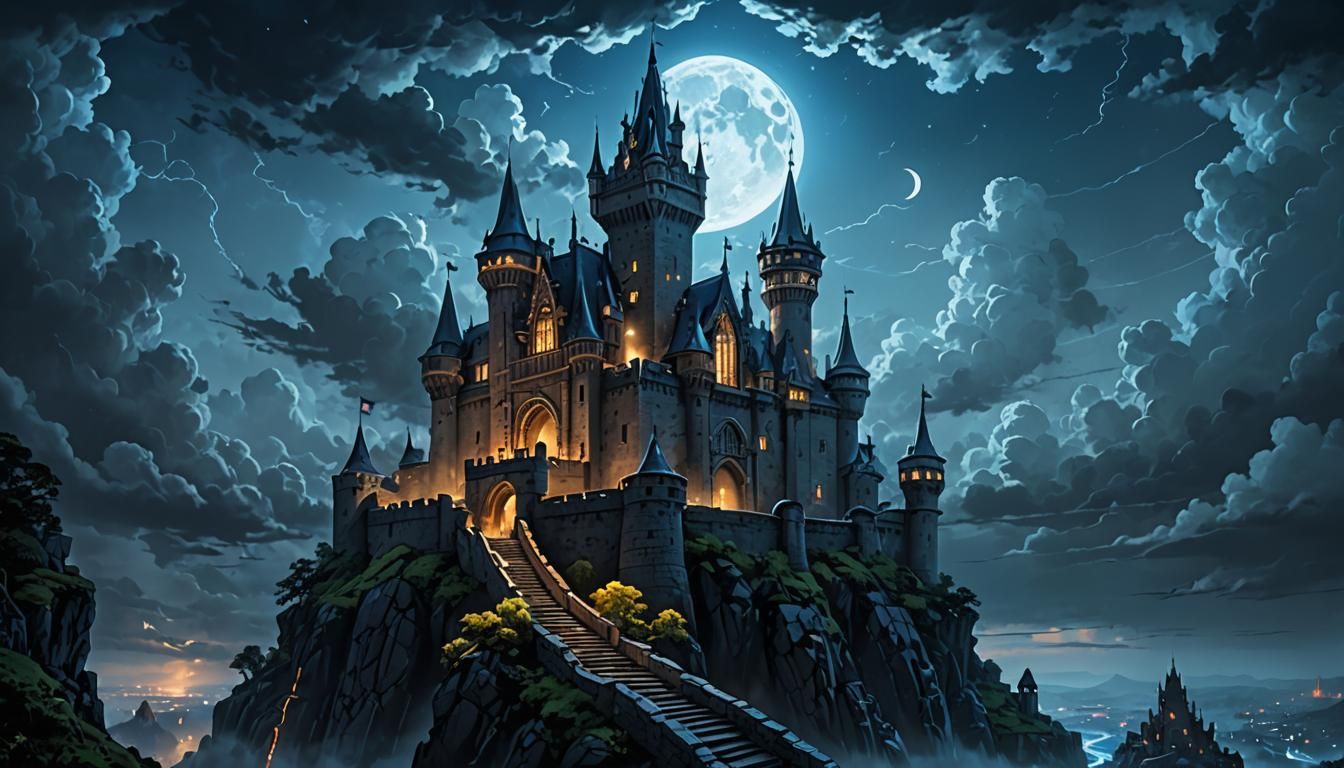 A castle with the moon on a dark, stormy night