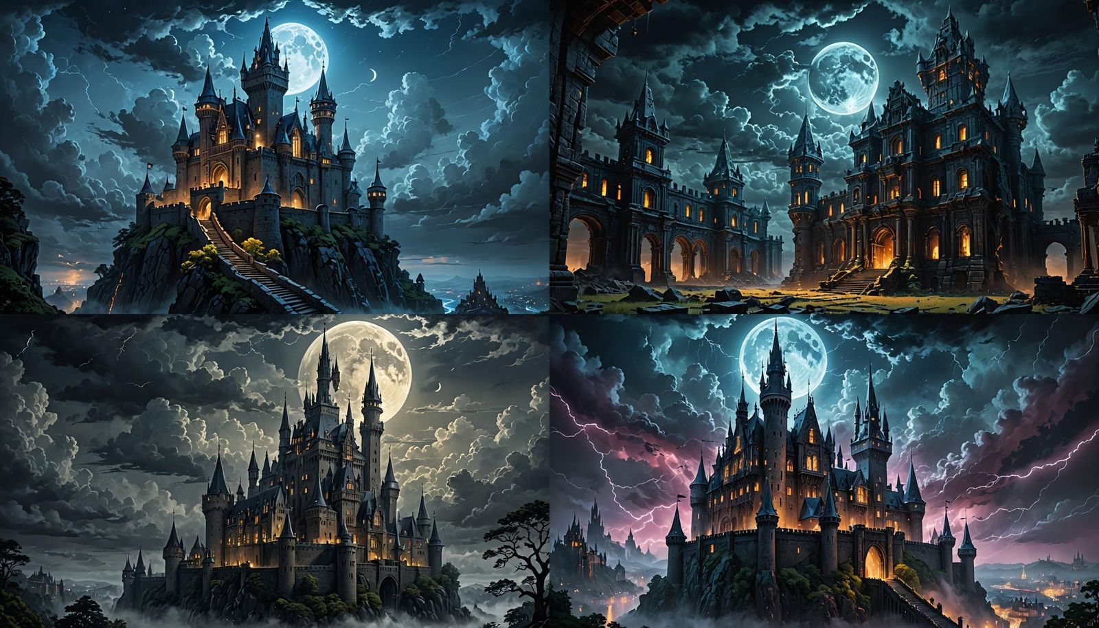 A castle with the moon on a dark, stormy night