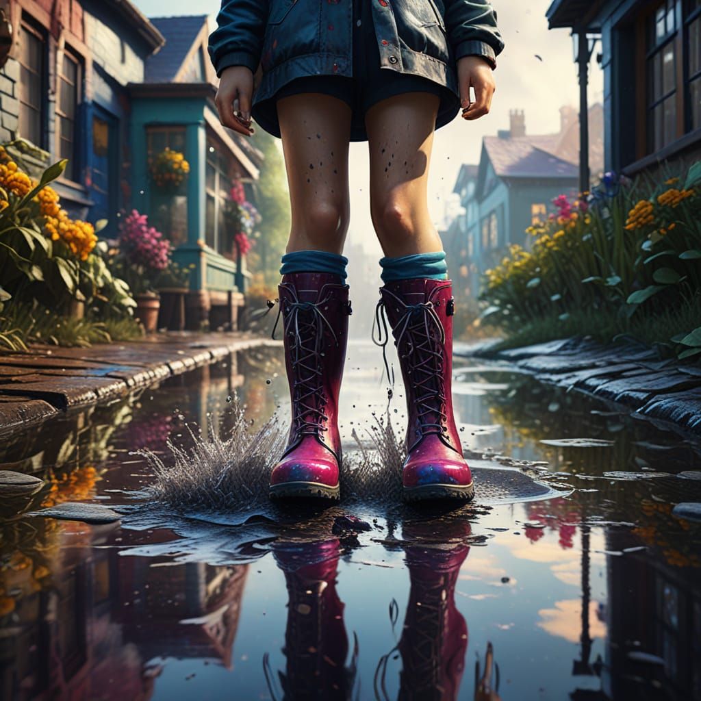Vibrant Gumboot Jump in Puddles: Fantasy Art