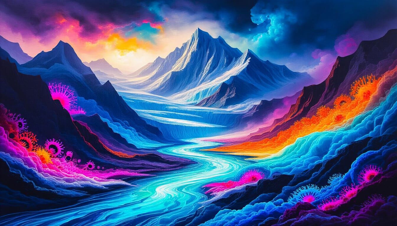 Abstract Surrealist Glacier River Landscape in Alcohol Ink