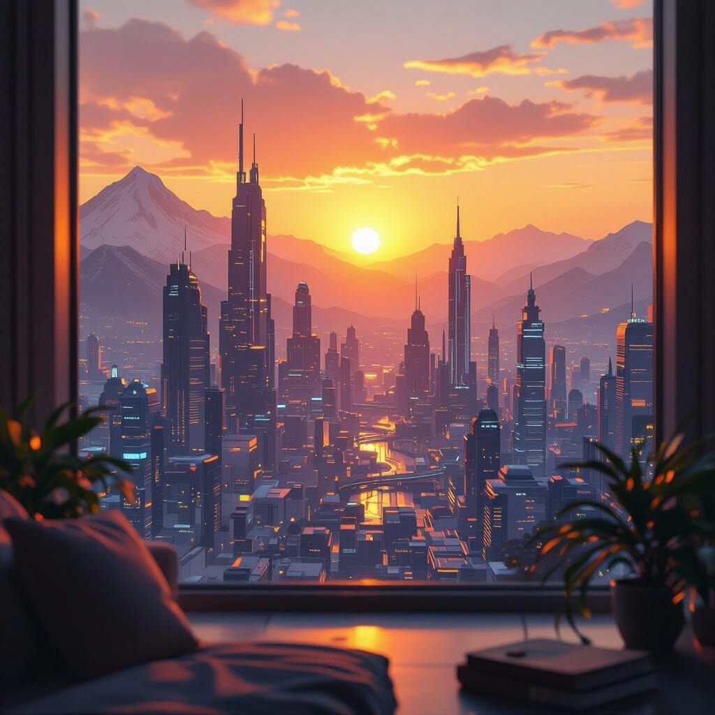 Cyberpunk City Sunset: A Tranquil Fantasy Landscape