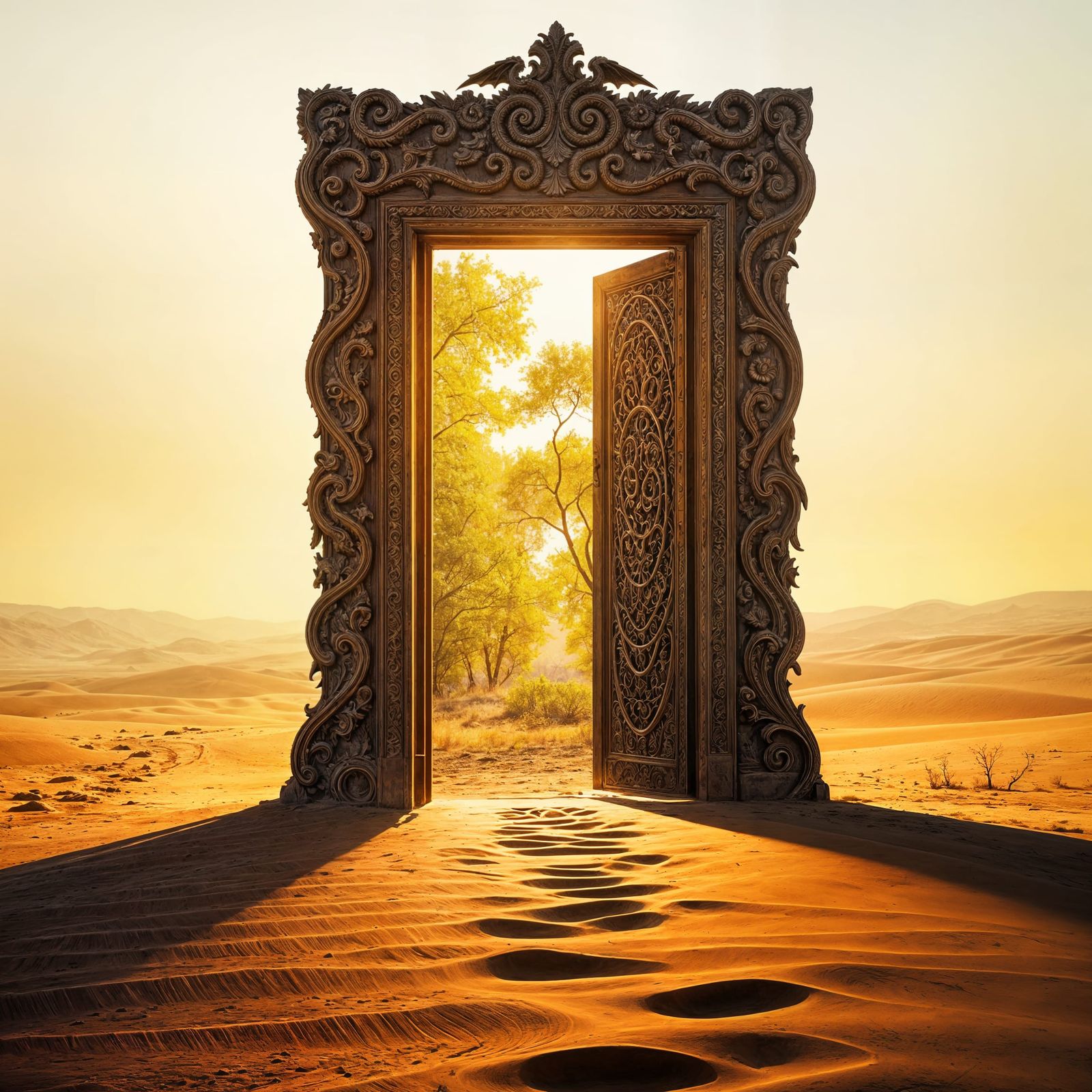 Ornate Door in Desert Reveals Lush Forest