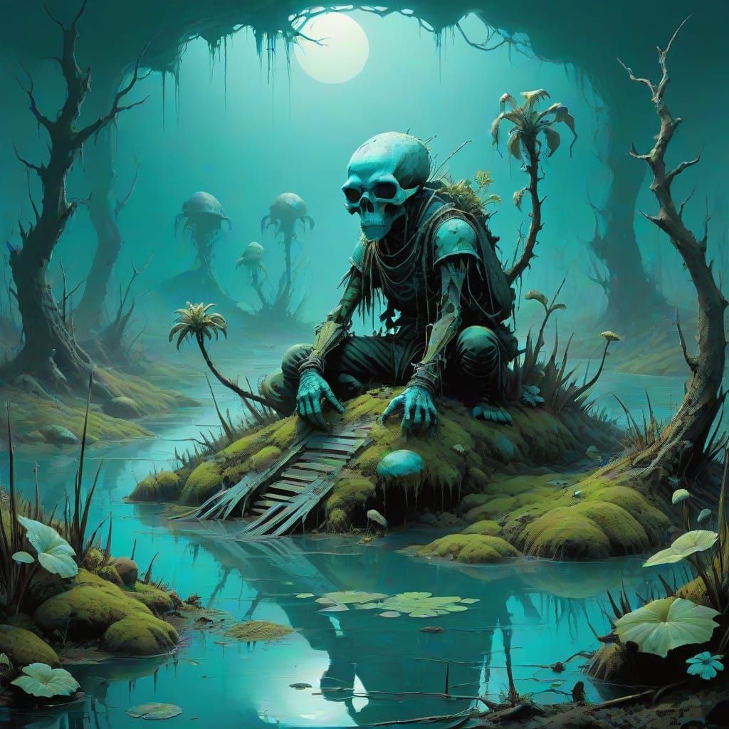 Turquoise Horrorpunk Swamp Landscape in Eldritch Style