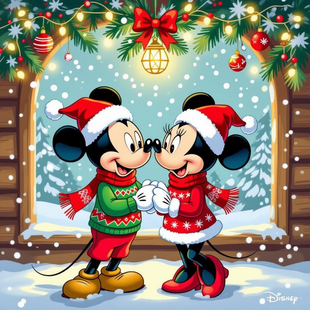 Mickey & Minnie Kissing Under Mistletoe