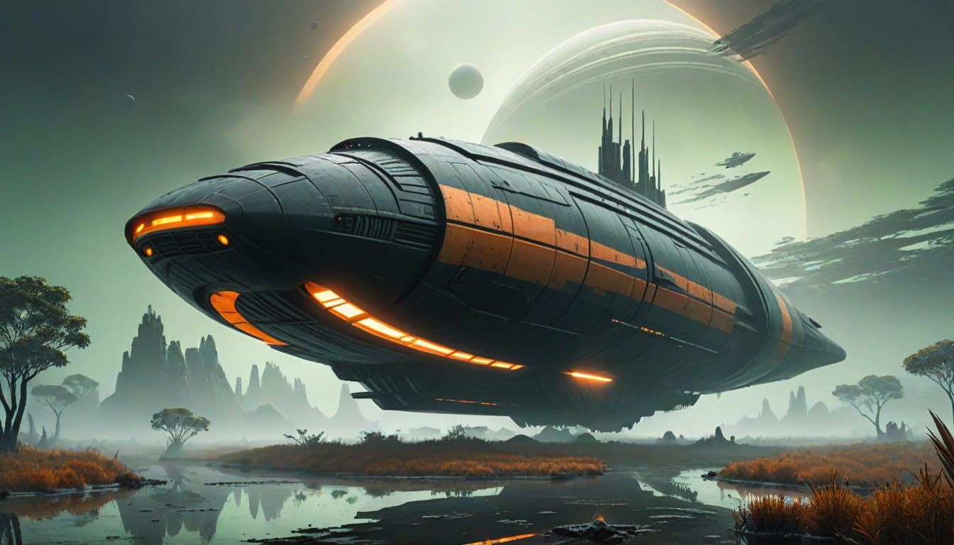 Futuristic Spaceship in Misty Swamp with Gas Planet