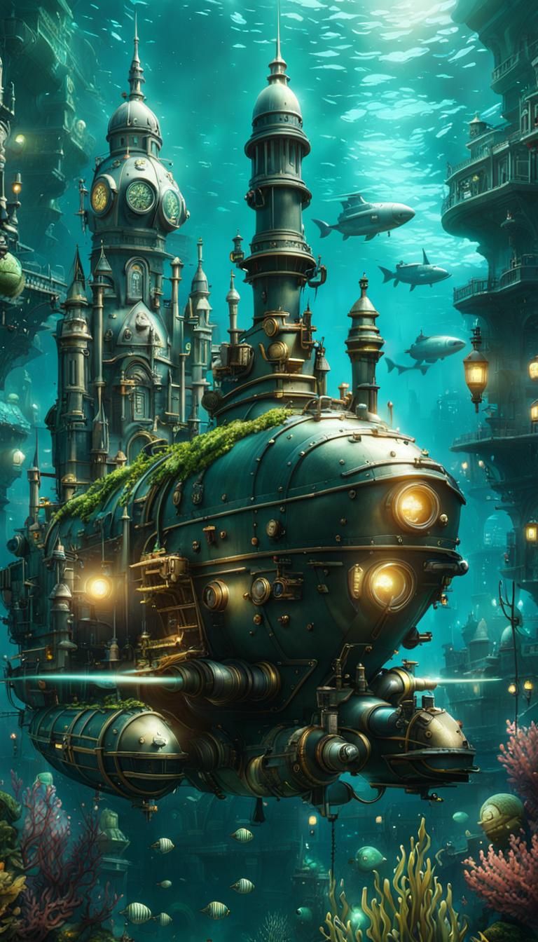 Victorian Underwater Metropolis with Steampunk Elements