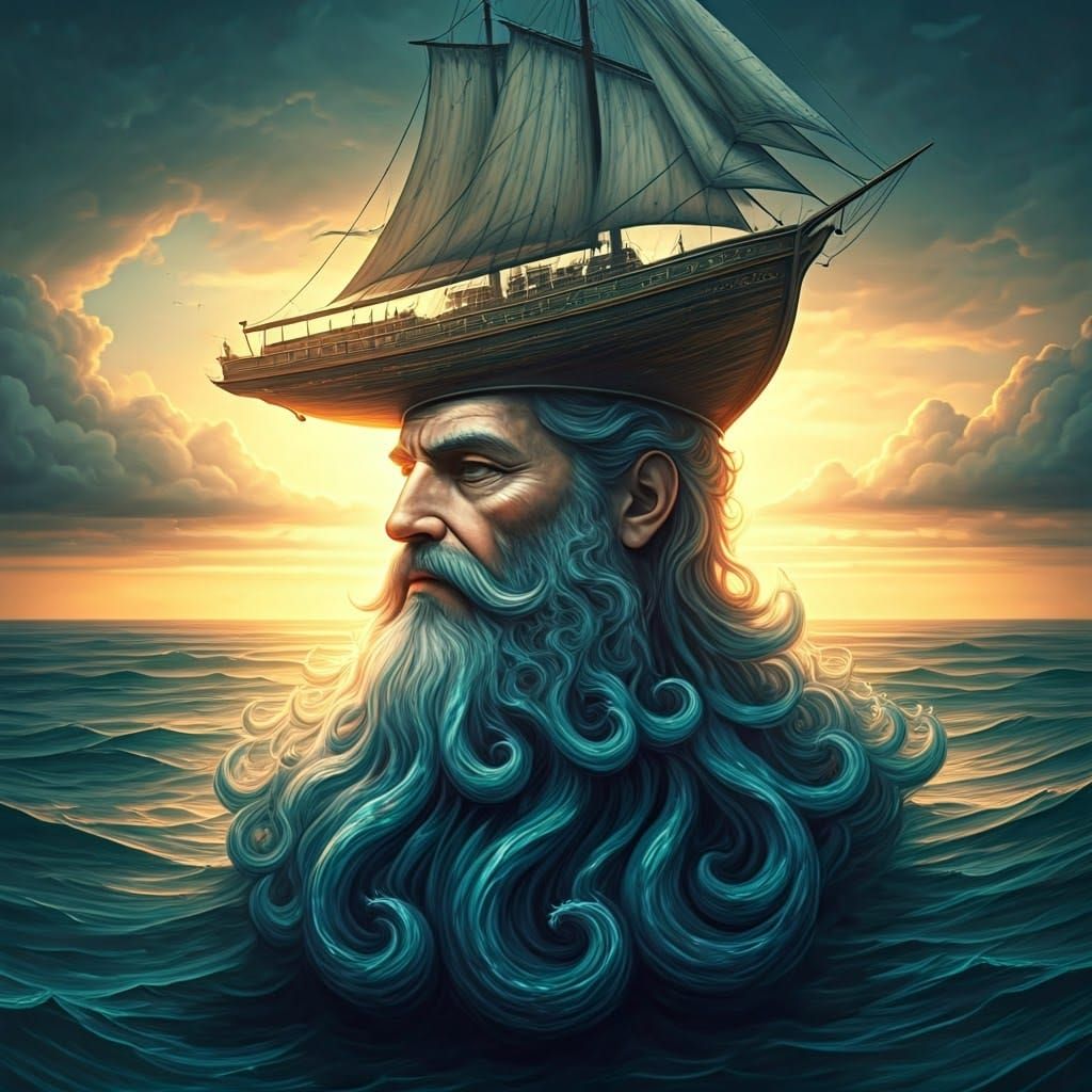 Poseidon with Sailboat Hat in Dreamlike Setting