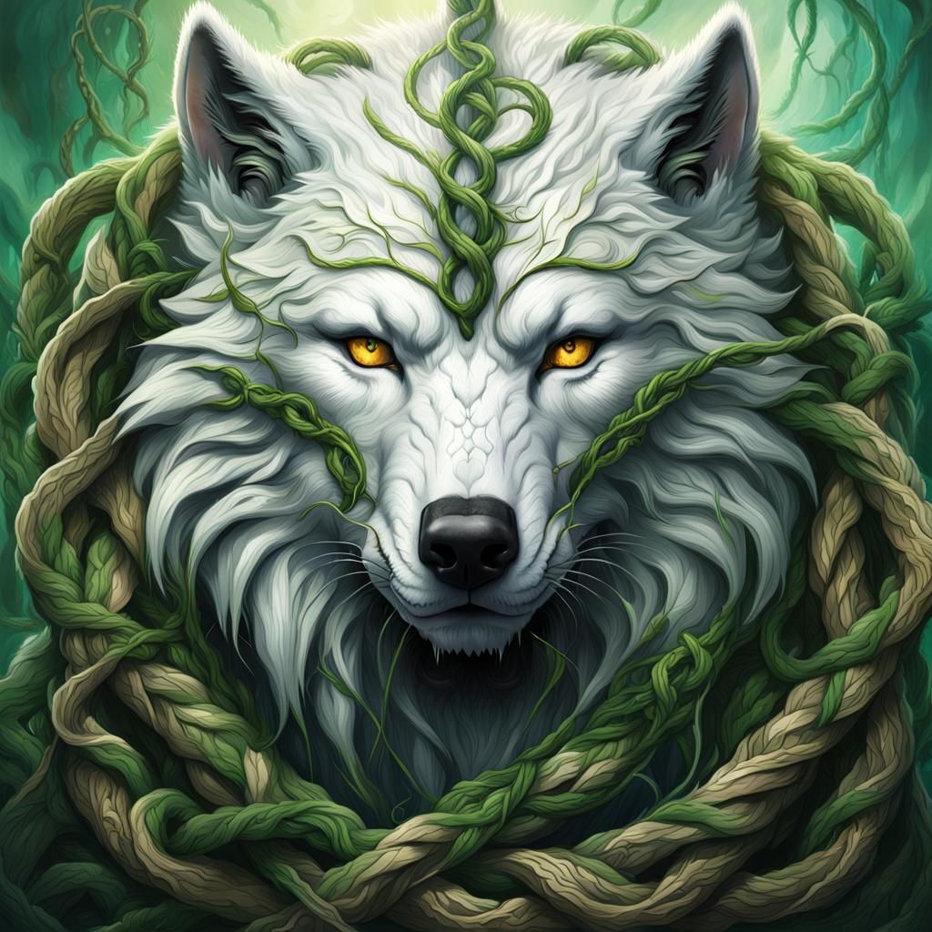 Menacing White Wolf with Vine Tattoos