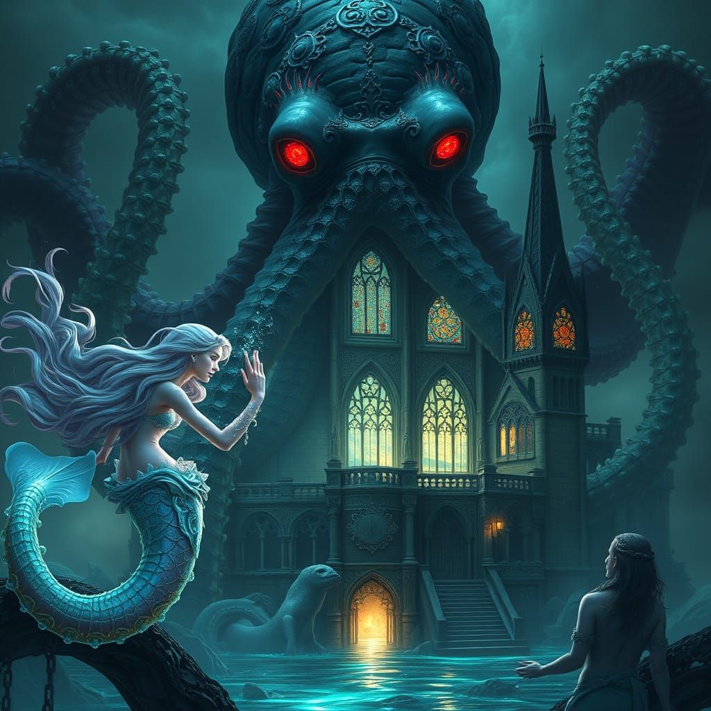 Surreal Mermaids Battle Dark, Biomechanical Octopus in a Hau...