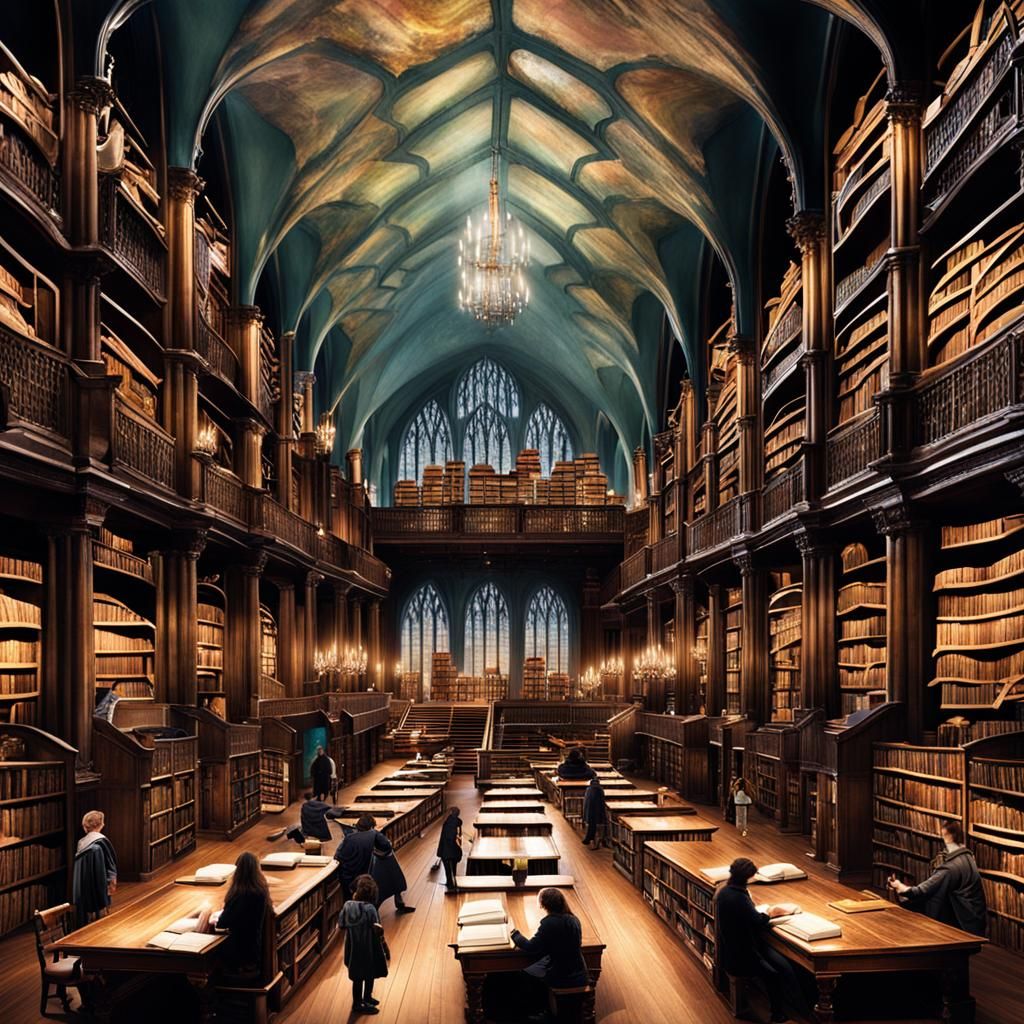 Magical Library Scene with Hogwarts Students Reading
