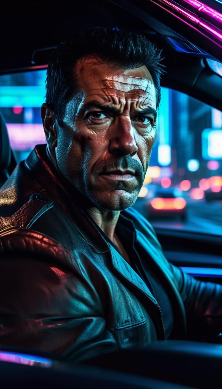 Intense Driver in High-Tech Car, Cinematic Urban Scene