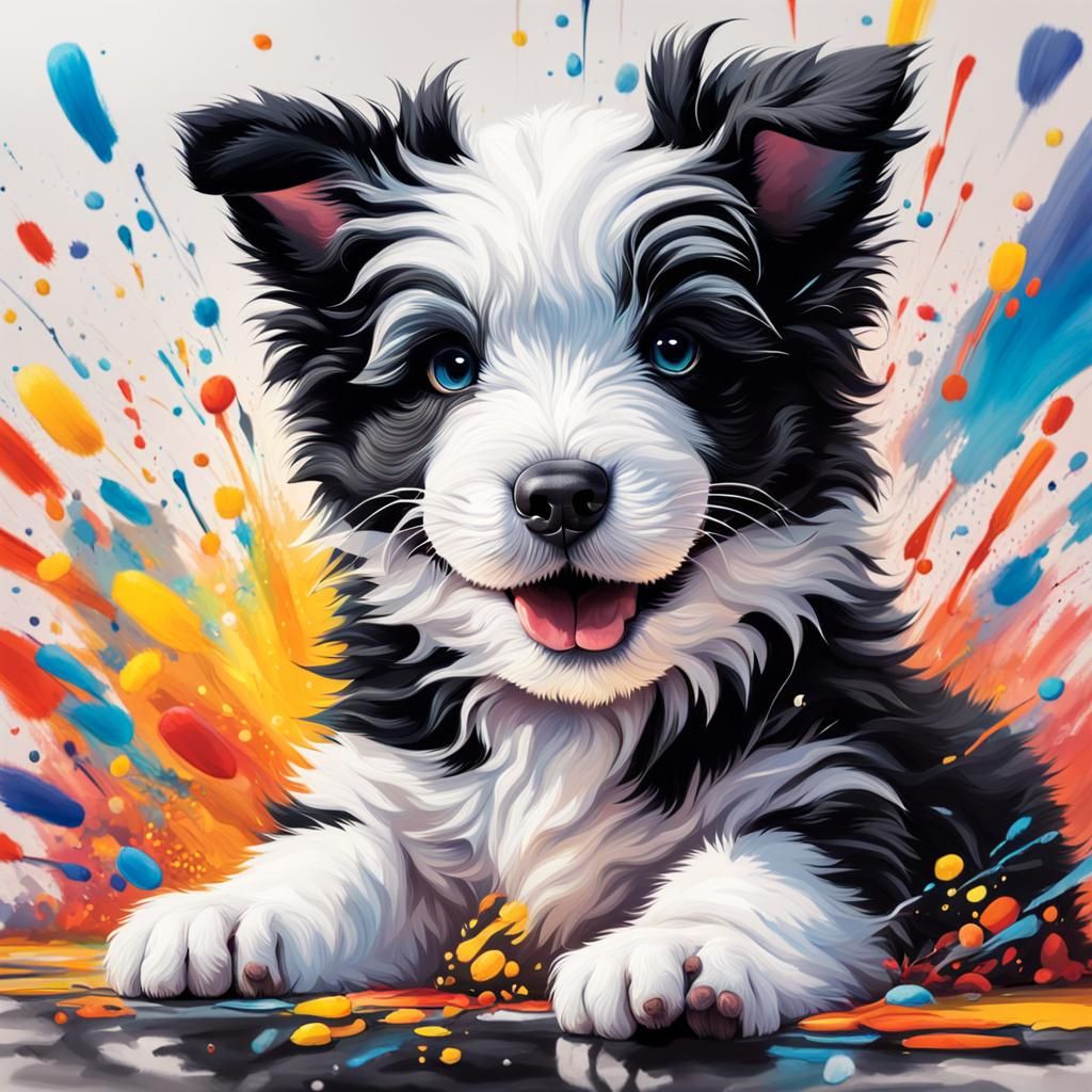 Hyperrealistic Fluffy Puppy in Splash Art Style