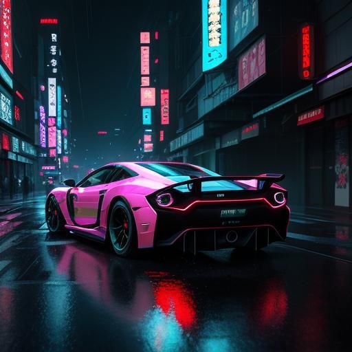 Red Supercar Speeds Through Neon City: 3D Anime Art