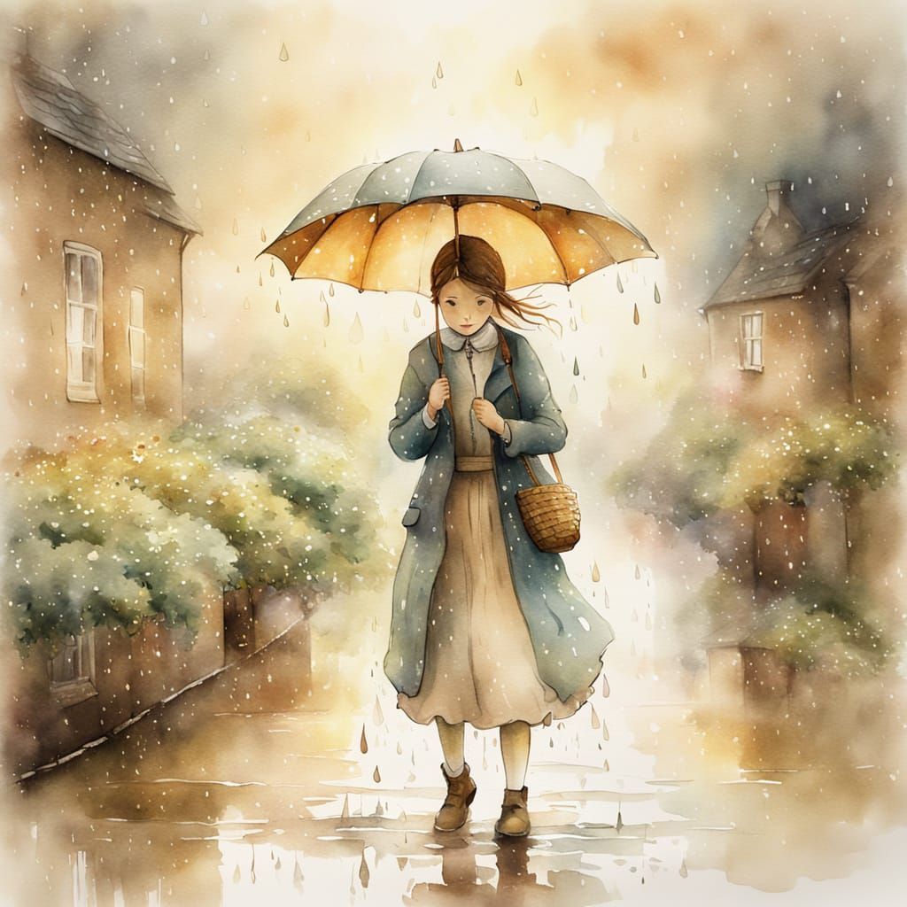 Girl Slipping in Rain: Watercolor Art