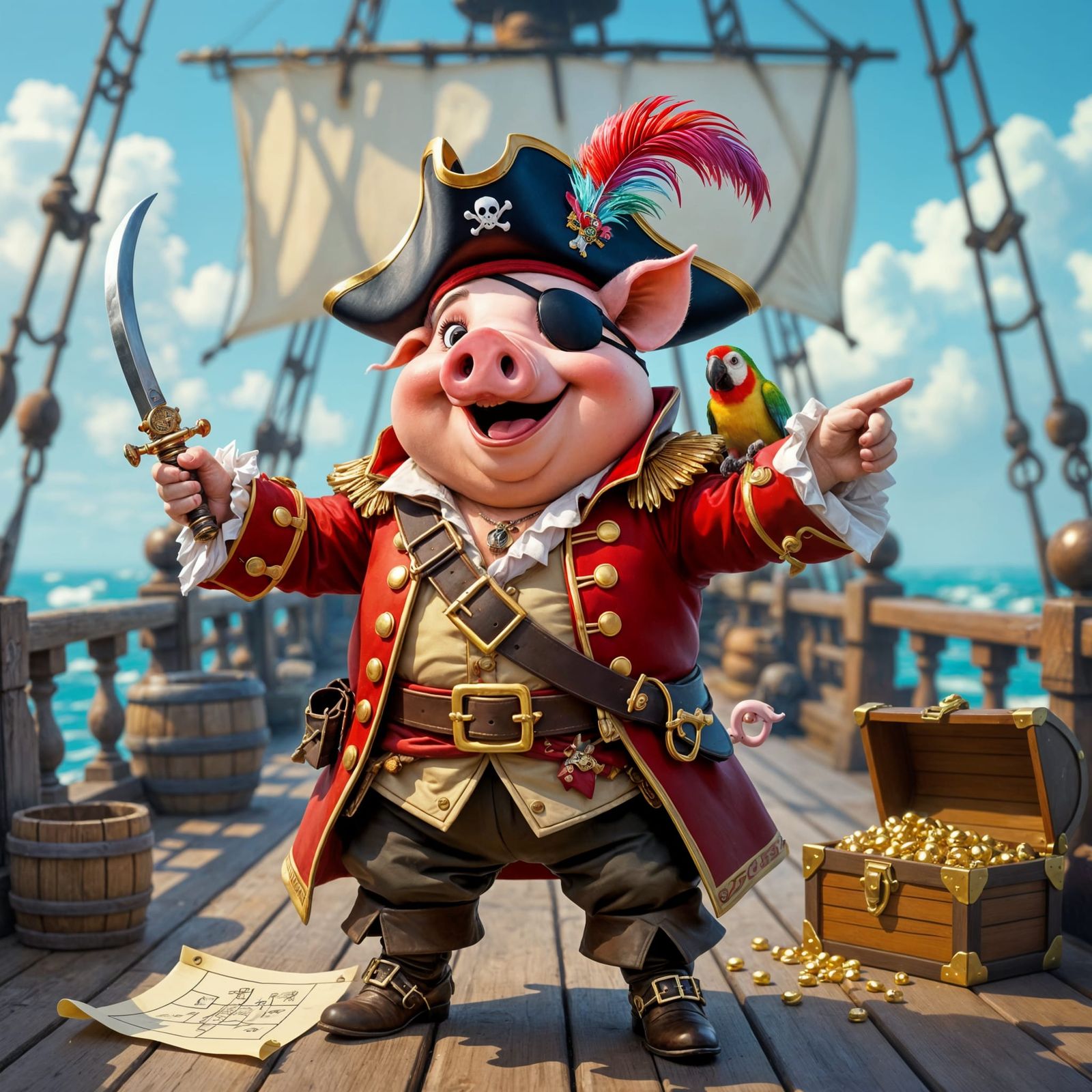 Pirate Pig Captain on Whimsical Ship