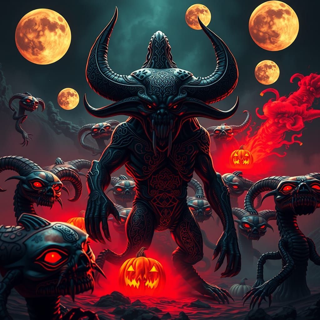 Menacing Yaksha in Dark Biomechanical Landscape