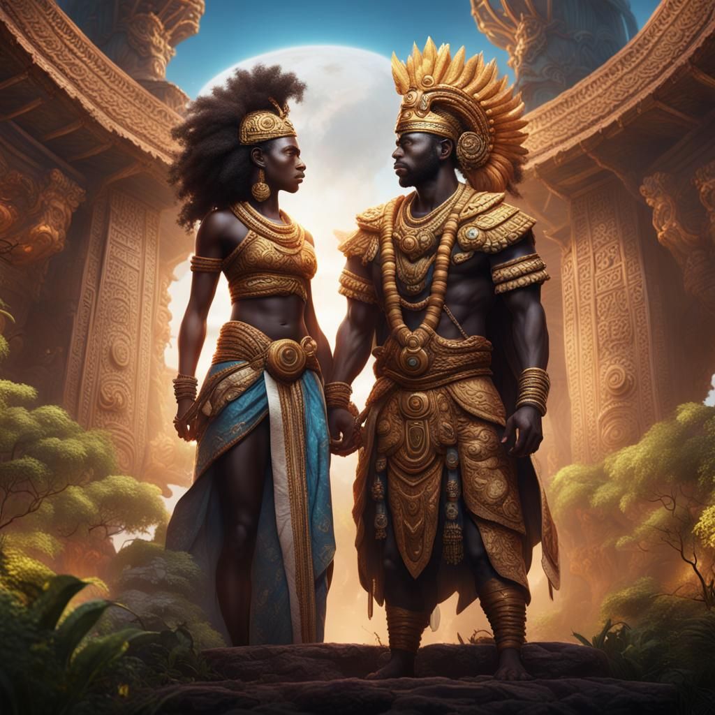 Ghanian and White Deities Stand Together: Detailed Digital A...