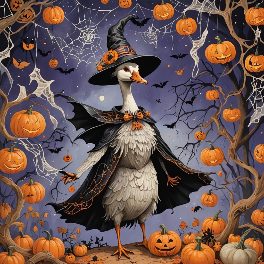 Goose Witch Halloween Party Gouache Painting