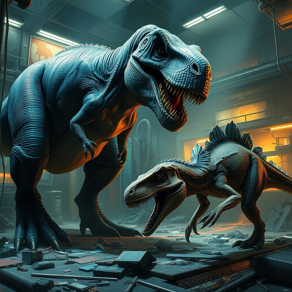 Prehistoric Titans Clash in a Futuristic Lab