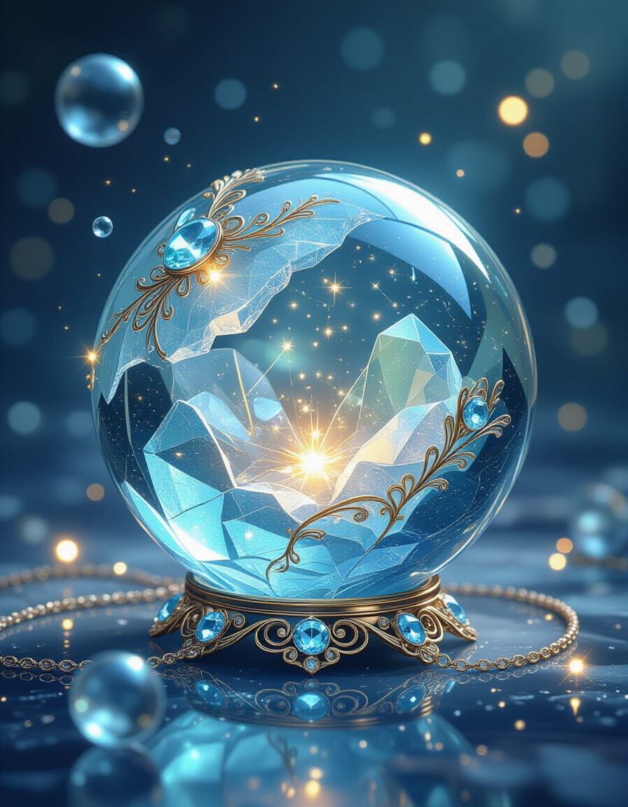 Aquamarine Sphere with Luminescent Lights and Jewelry