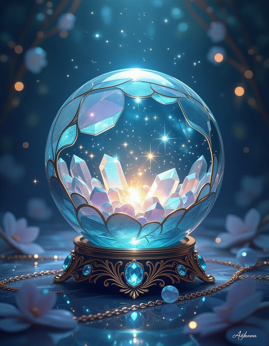 Aquamarine Sphere with Luminescent Lights & Jewelry in Art N...