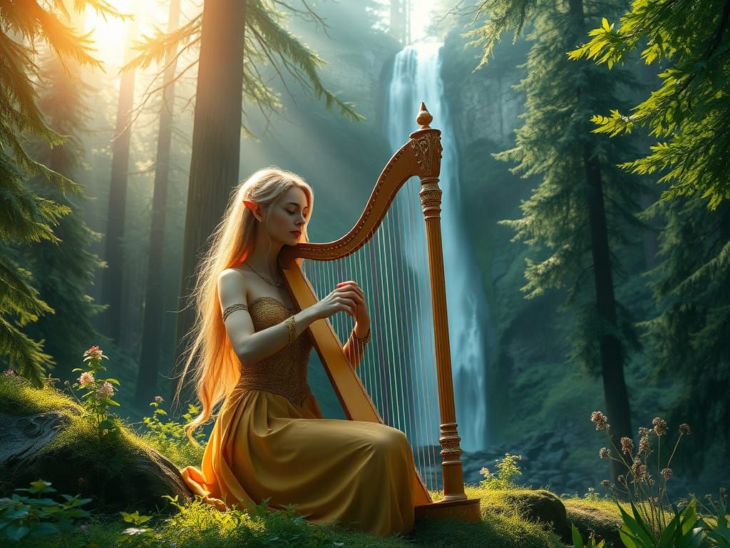 Elven Maiden Plays Harp in Sunlit Evergreen Forest