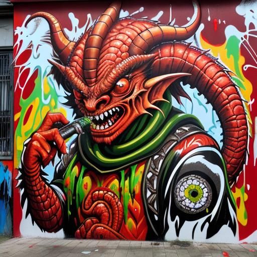 Bleeding Janus and Red Dragon in Graffiti Art Style